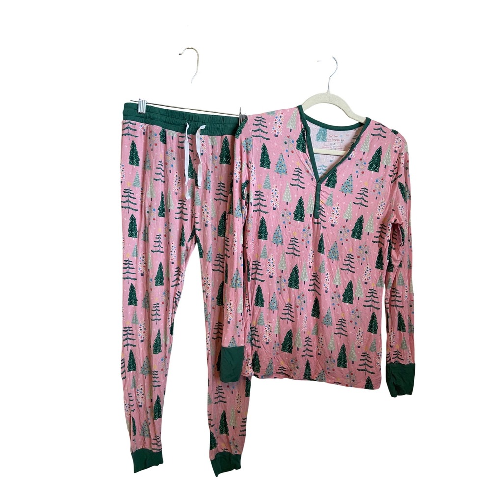 Little Sleepies Pink Christmas Tree Bamboo Pajama Set Small Henley Joggers